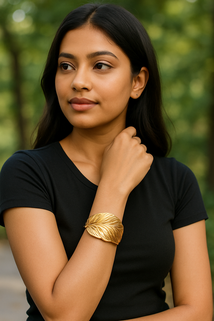 Gold Feather Cuff Bracelet – Adjustable Statement Piece for Modern Ethnic Style
